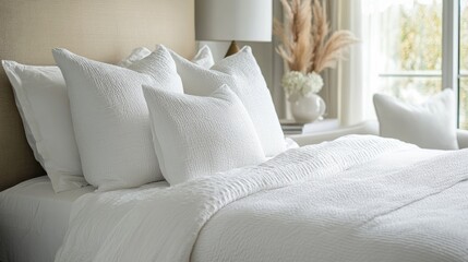 Inviting bedroom featuring fresh white bedding and decorative pillows offering a tranquil space ideal for relaxation