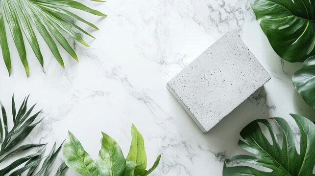 A concrete podium featuring green plant leaves enhances the presentation of packaging and cosmetics in a top view set against a white background on a white marble table
