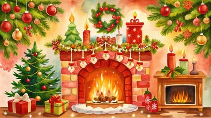 A cozy Christmas scene with a fireplace, decorated Christmas tree, gifts, and festive ornaments, creating a warm holiday atmosphere.