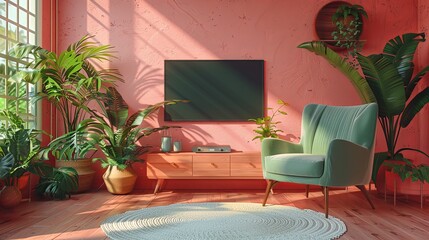 Pastel TV room with green armchair and decoration accessory- 3D rendering