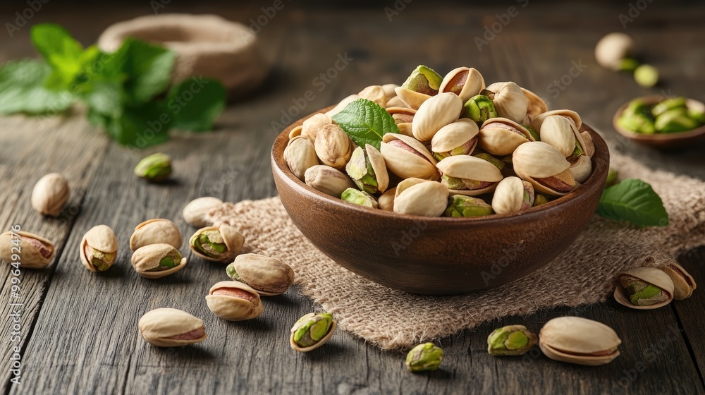 Aufkleber bowl of pistachio nuts displayed on a rustic wooden table an appealing option for healthy snacking