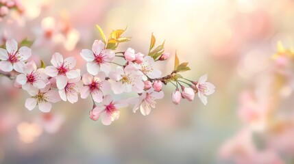 A branch adorned with beautiful cherry blossoms showcases their delicate pink petals against a dreamlike, softly blurred backdrop of vibrant spring hues