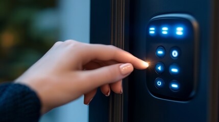 A woman's fingerprint biometrics on the screen keypad entry door lock in front of a hotel room or apartment, Modern security, Smart device concept