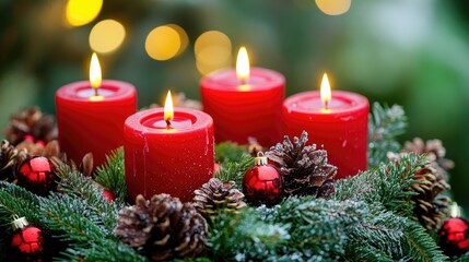 Red candles on an advent wreath adorned with fir featuring Christmas decorations and warm candlelight for a winter holiday greeting
