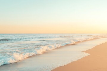 Obraz premium Beautiful sunrise over a serene beach with gentle waves, clear skies, and soft sand. Perfect for relaxation and tranquility.