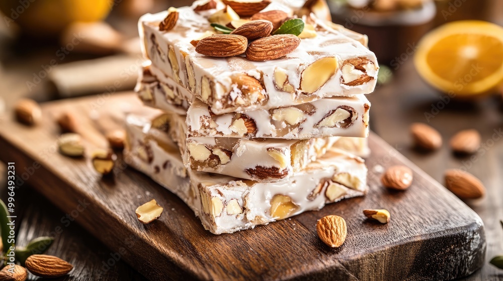 Poster a tempting stack of nougat rests on a wooden board embellished with almonds pecans and citrus offeri