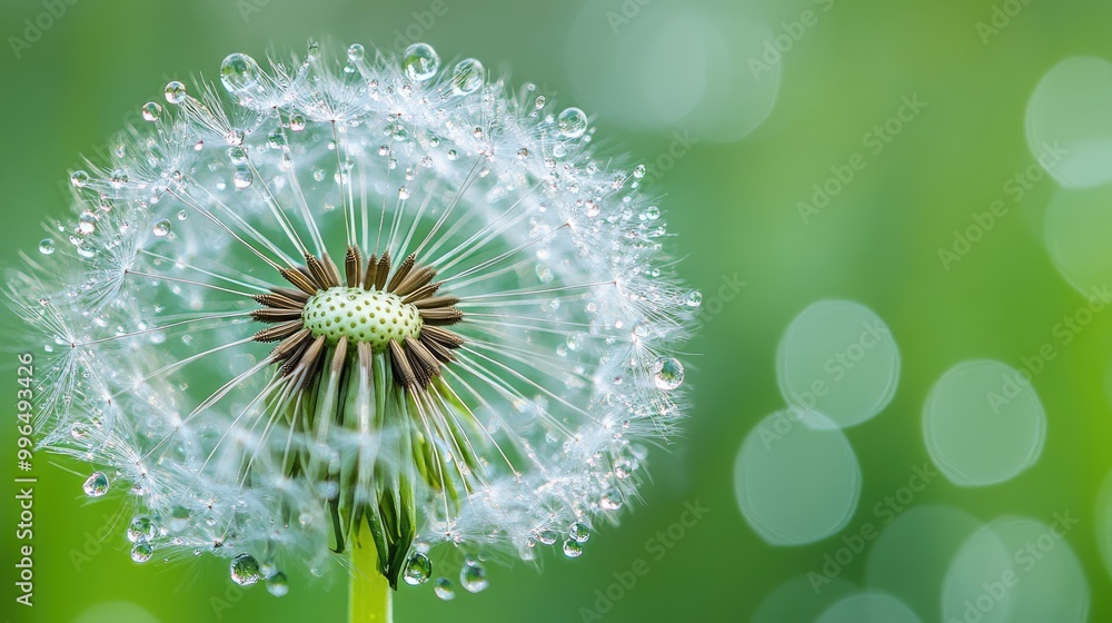 Poster dew droplets adorn a dandelion flower set against a softly blurred green backdrop this macro shot ca