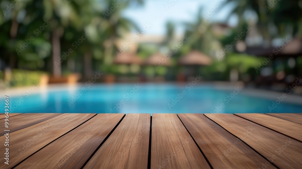 Poster empty wooden table for product display in front of a blurred resort pool setting