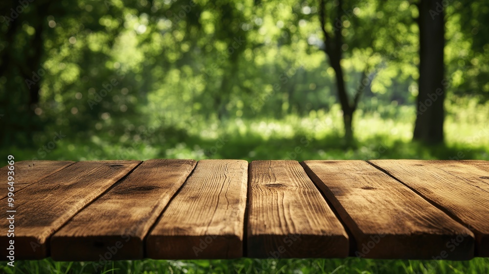 Poster brown wooden table with a blurred green nature backdrop of trees and grass featuring empty space for