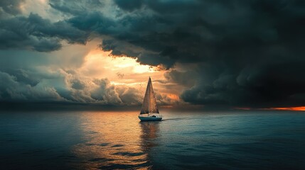 Lonely cutter sailing on the sea beneath a cloudy sky illuminated by the light prior to an approaching storm