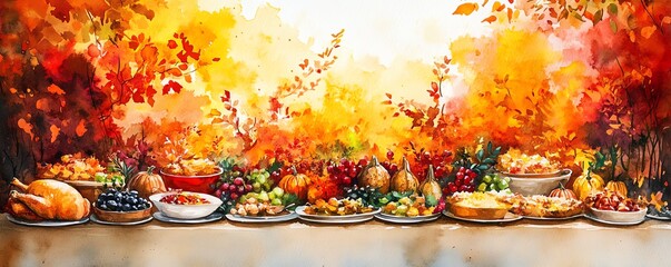 Friendsgiving celebration, buffetstyle feast, vibrant fall backdrop, Watercolor style