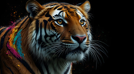 Colorful tiger paint on a black background. Created with generative AI., generative.ai
