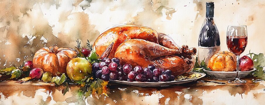 Friendsgiving celebration, sharing a festive meal, warm and inviting atmosphere, Watercolor style