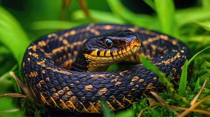 Obraz premium Wild adder snake captured resting in lush grass