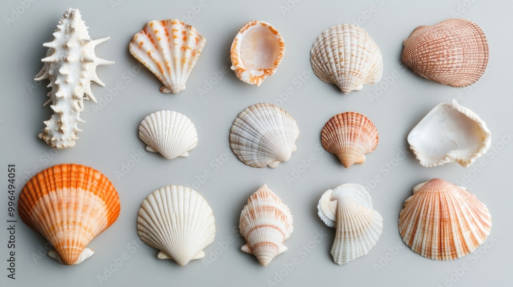 Poster assorted seashells arranged on a grey background
