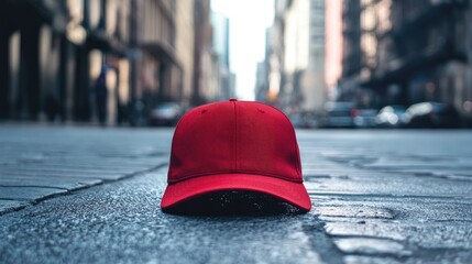 Trucker cap mockup design Red hat positioned on city sidewalk