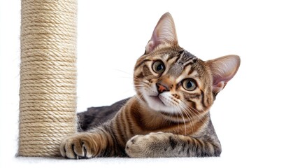 Bengal cat beside a scratching post on a white background