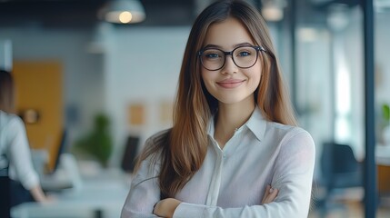 Fototapeta premium Confident Woman in a White Shirt and Glasses in an Office