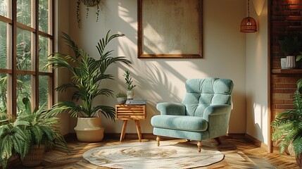 Pastel TV room with green armchair and decoration accessory- 3D rendering