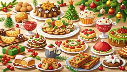 A festive display of assorted holiday desserts and treats, including cookies, cakes, and pastries, beautifully arranged with decorations.