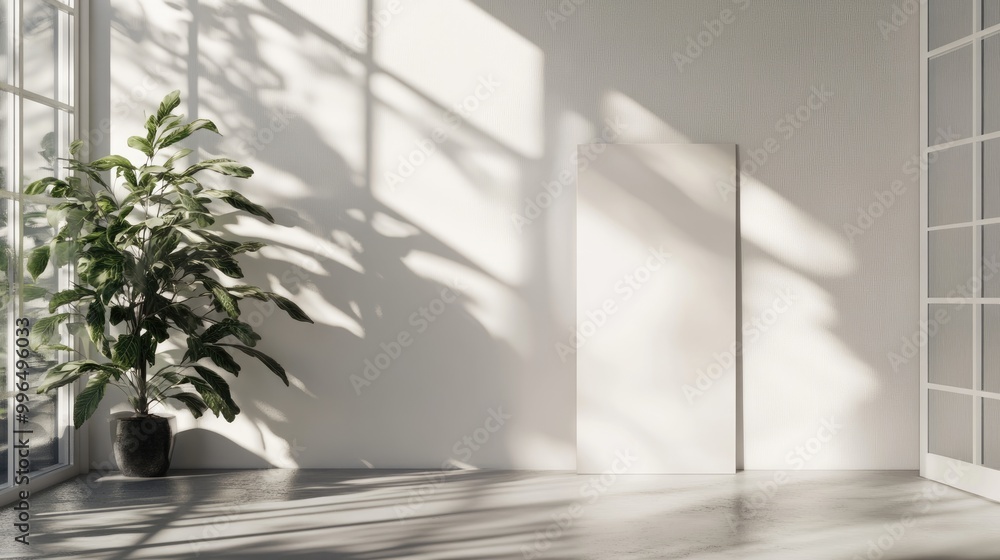 Poster a standing brochure mockup displayed in a bright minimalist environment with gentle shadows cast by 