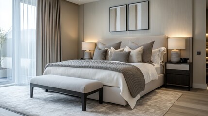 A beautifully staged bedroom in a high-end property, with neutral tones, soft lighting, and contemporary decor.