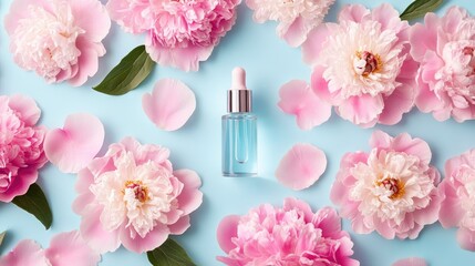 Serum bottle on a backdrop of delicate peony flowers promoting skincare solutions for anti aging hydration and cleansing