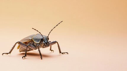 The brown marmorated stink bug is captured in a medium closeup against a solid pastel background, showcasing its intricate details and characteristic posture