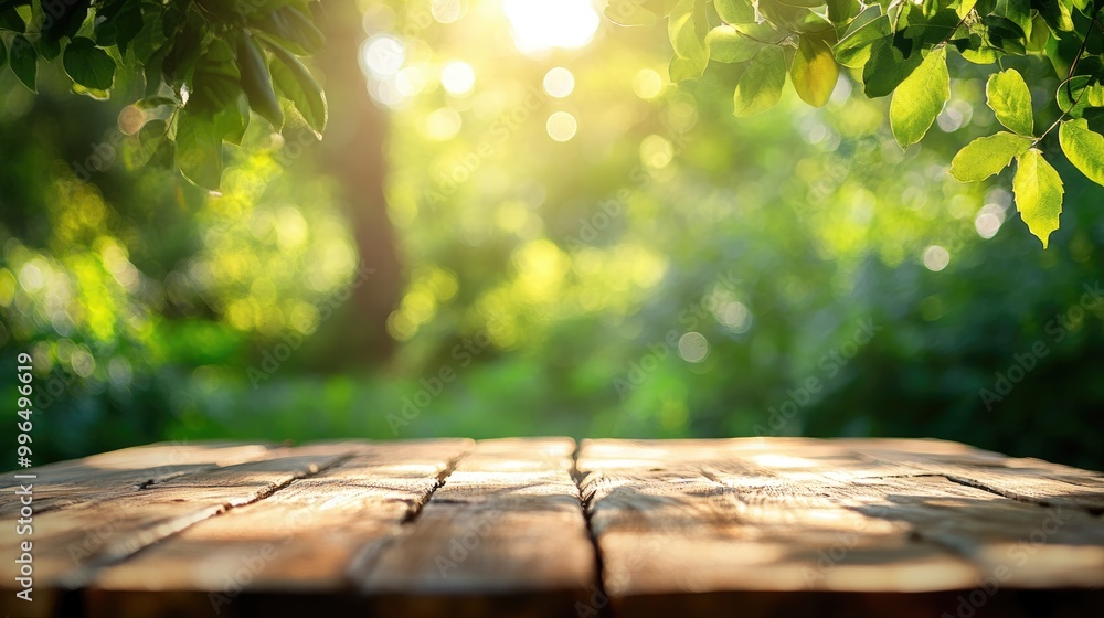 Poster sunlight shining through patterns on a tabletop with a blurred green garden background ideal for a p