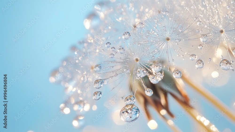 Poster dandelion seeds coated in water drops on a soft focus blue background showcasing dew sparkling in th