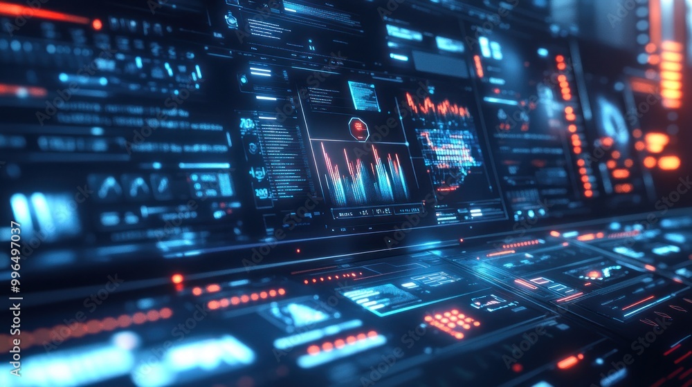 Poster futuristic digital interface displaying data analytics and visualizations.
