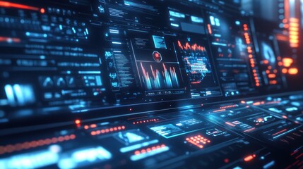 Futuristic digital interface displaying data analytics and visualizations.