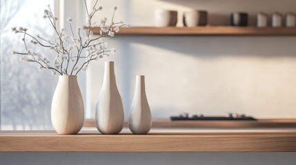 A stylish wooden shelf features a collection of sleek modern vases with their minimalist design beautifully highlighted against a softly blurred contemporary kitchen backdrop