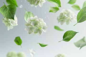 Obraz premium Floating white flowers and green leaves in motion