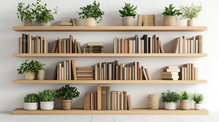 Wooden bookshelves filled with books and potted plants, isolated on a white background for a modern, natural decor vibe.