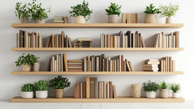 Wooden bookshelves filled with books and potted plants, isolated on a white background for a modern, natural decor vibe.