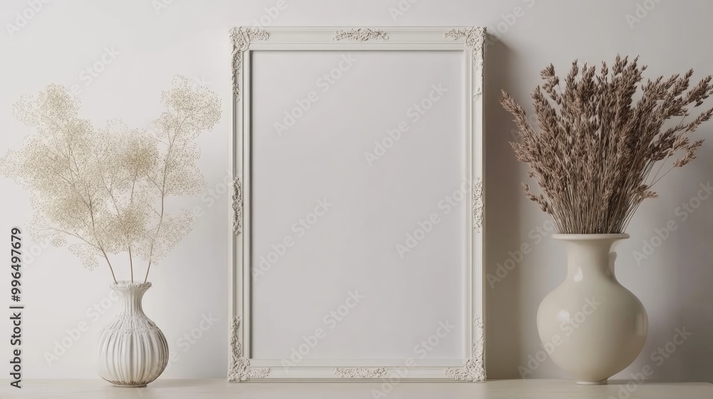 Poster poster frame mockup from the front featuring decorative elements flowers and empty copy space agains