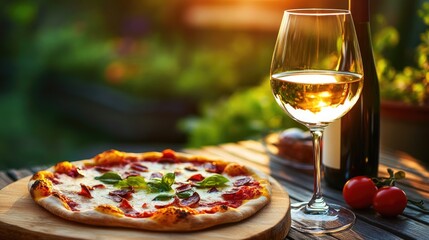 Delectable pizza paired with exquisite wine in an outdoor garden setting Focus on the appetizing Italian cuisine and revitalizing drink perfect for a delightful al fresco dining experience