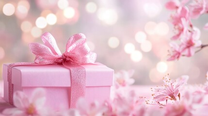 Elegant pink spring backdrop featuring soft bokeh and a delicate light pink gift box