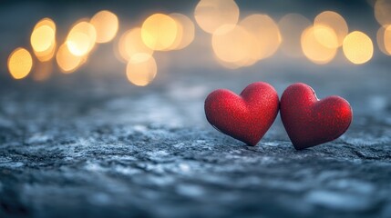 Valentine s Day panoramic background featuring two red hearts and bokeh lights against a rustic bright stone concrete texture