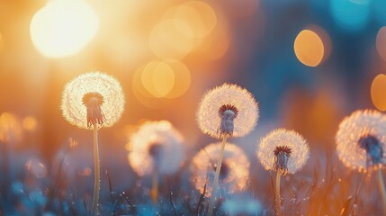 Gentle glowing dandelions in soft focus against a backdrop of blue and gold sunlight creating a dreamy romantic atmosphere Ideal for desktop wallpapers and cards