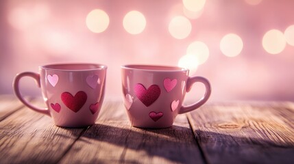 Fototapeta premium Two pink coffee cups adorned with hearts placed on a wooden table set against a softly blurred pink backdrop conveying a romantic theme