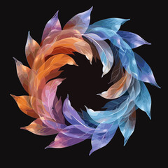 Vibrant circular design of translucent leaves in warm and cool colors on a dark background