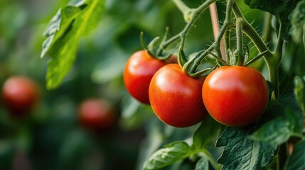 Juicy red tomatoes are growing on the vine in a garden setting