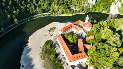 Germany, Bavaria, Kelheim,  Aerial view of Weltenburg Monastery, Benedictine Abbey, on the Danube