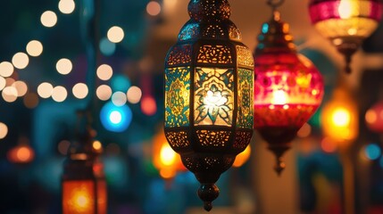 Vibrant lanterns and lights adorn the streets for Ramadan A festive greeting card celebrating the...