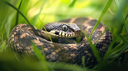 Obraz premium Wild adder snake captured resting in lush grass