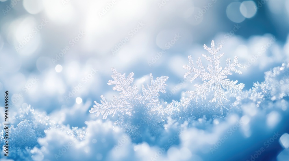 Poster blurred winter snow backdrop featuring abstract ice frost and hoarfrost crystals macro view of snowf