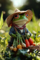 Frog in a Farmer's Outfit Harvesting Vegetables