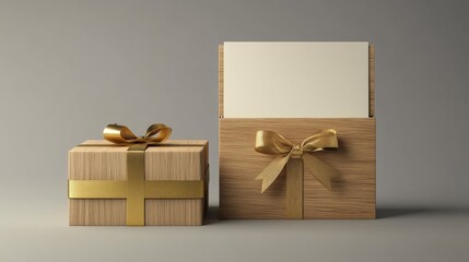 Wooden gift box with an empty card mockup alongside a closed gift box featuring a golden ribbon